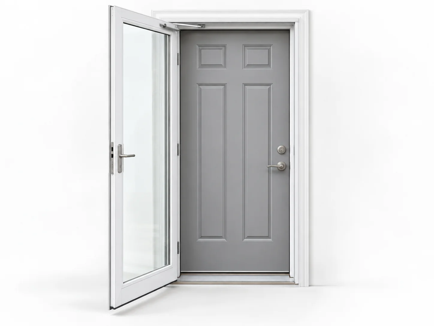 Open glazed storm door positioned outside a separate closed main entry door.
