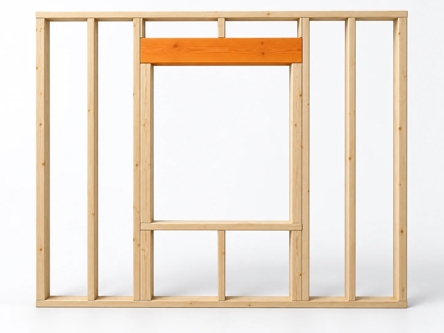 Timber wall opening with its horizontal load-supporting header beam highlighted orange.