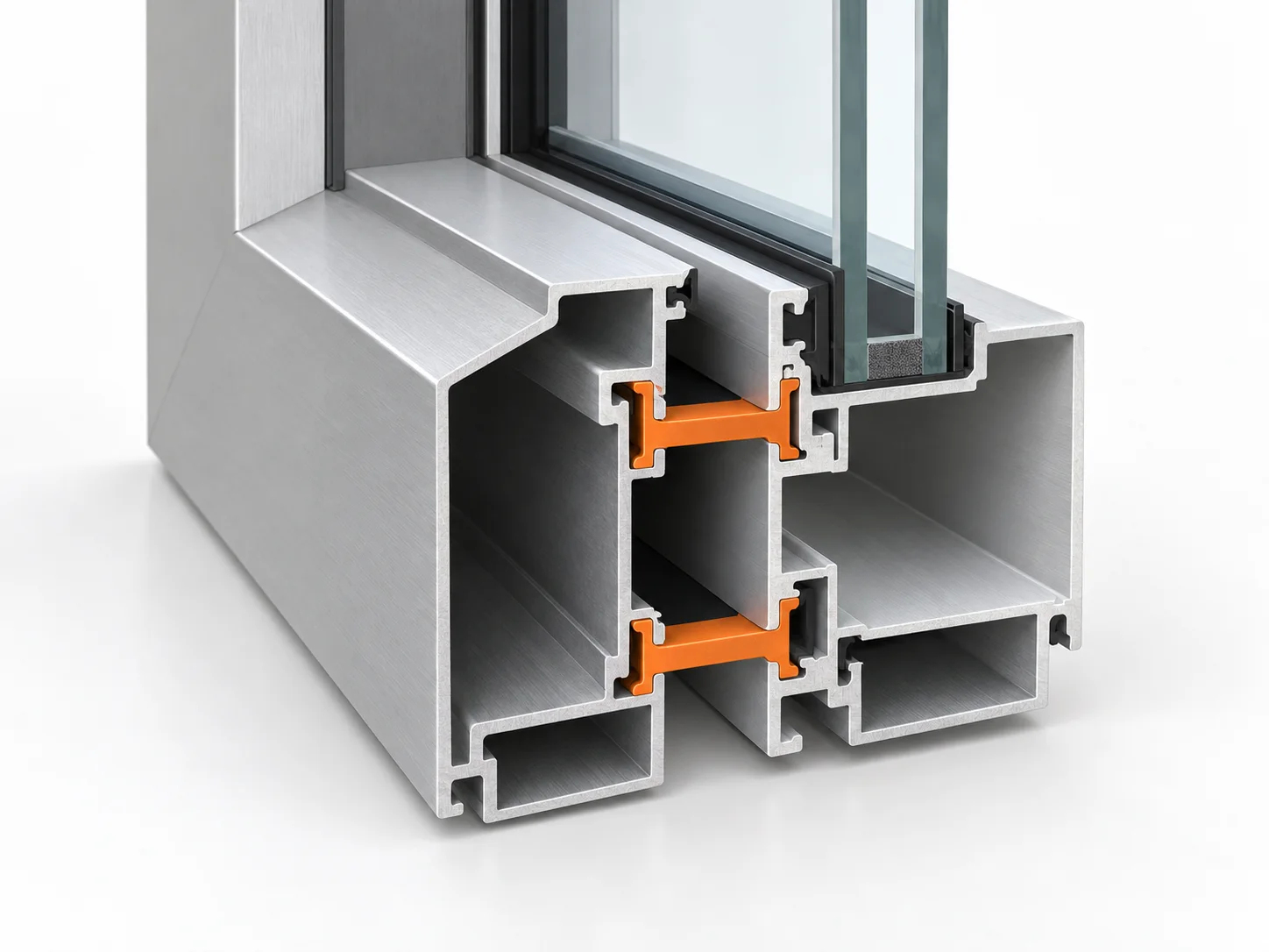 Aluminium frame cross-section with insulating polymer connections highlighted orange between metal sections.