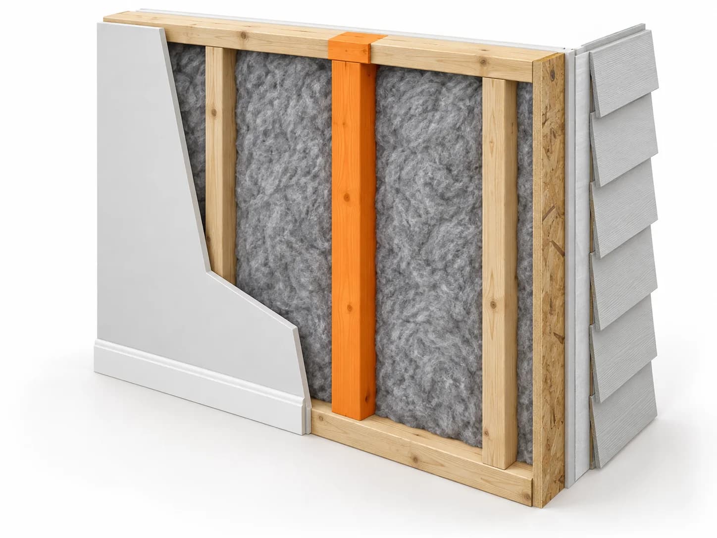 Insulated wall cutaway with a timber stud highlighted orange where it interrupts the insulation.
