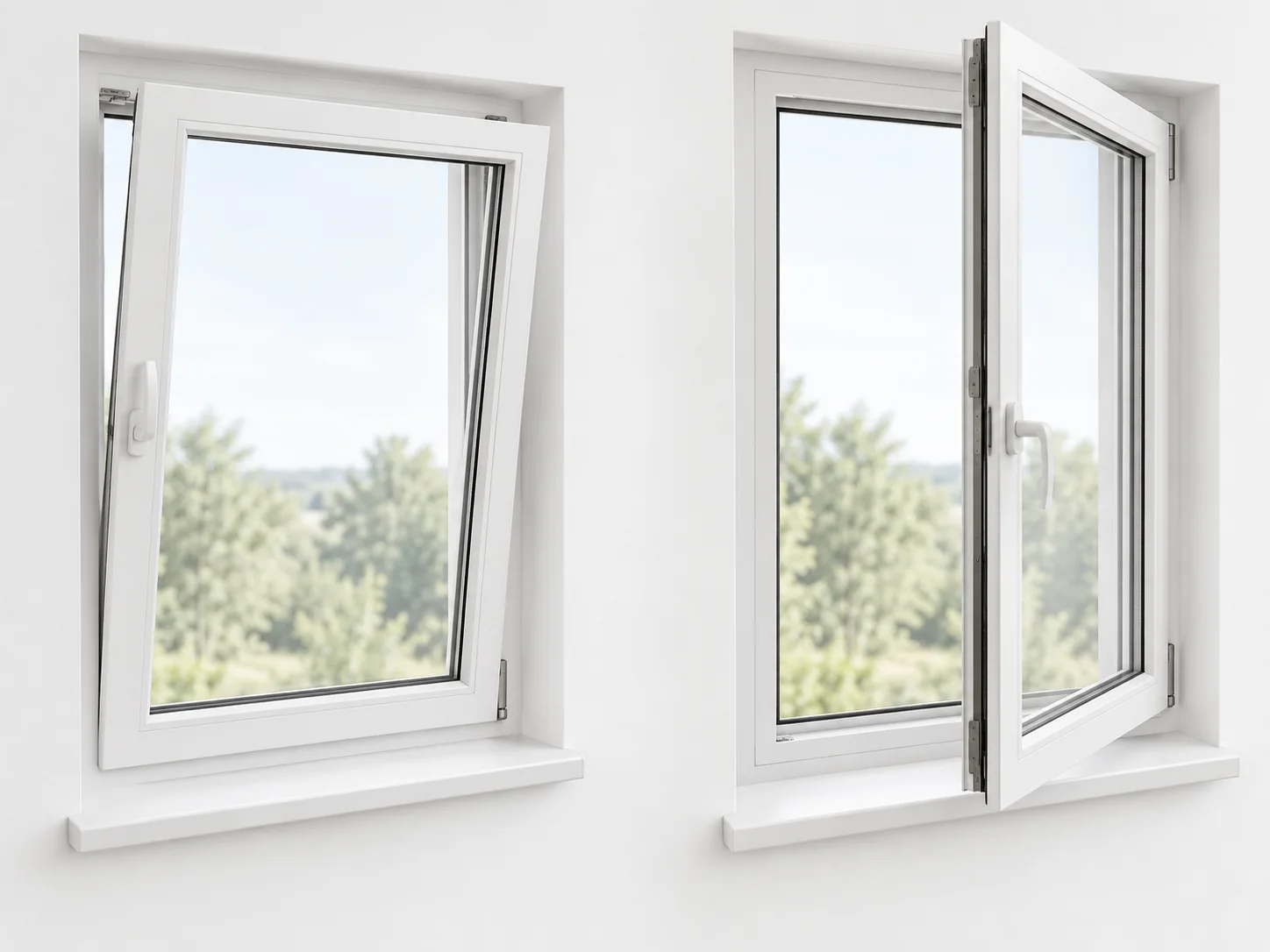 Two views of a tilt-and-turn window: tilted inward at the top on the left and swung inward on the right.