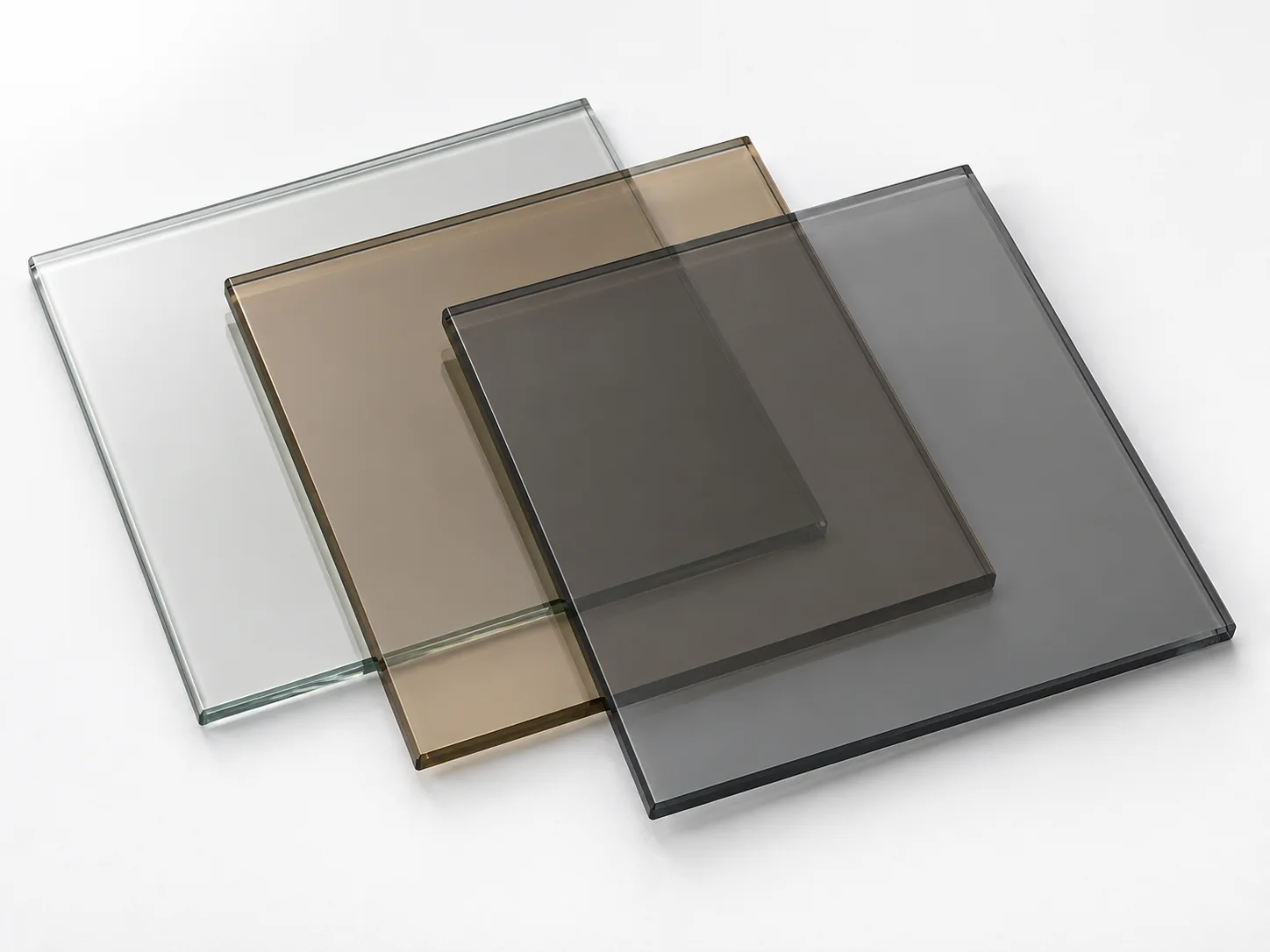 Overlapping transparent glass samples in light grey, bronze, and smoke-grey tints.