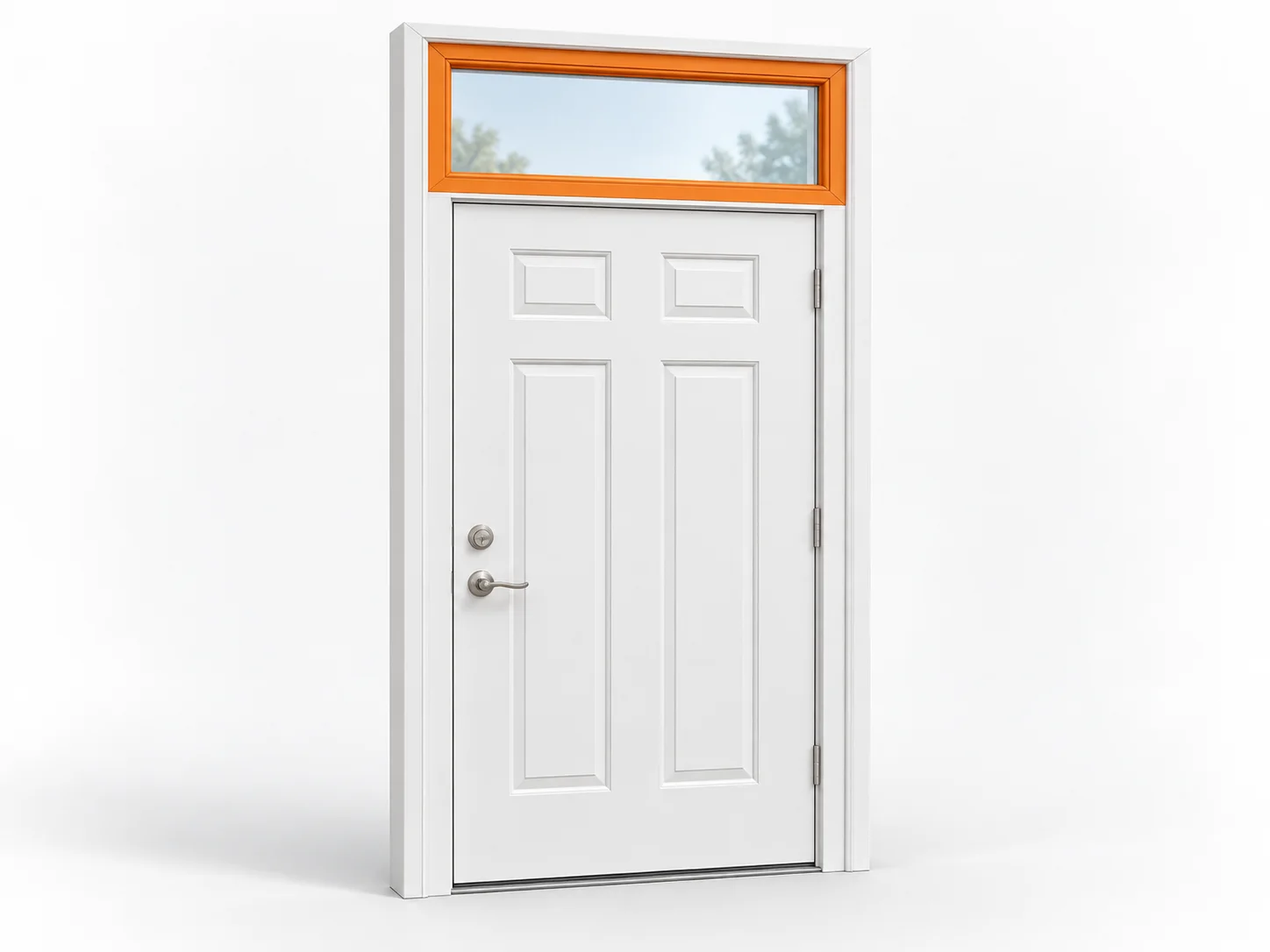 Entry door with the frame of its separate overhead transom window highlighted orange.
