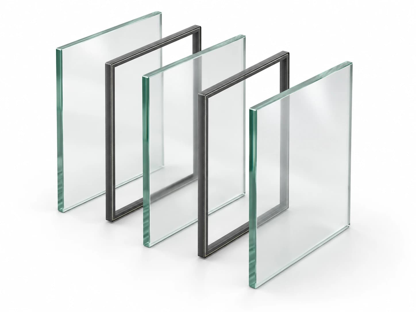 Exploded illustration of three parallel glass panes alternating with two spacer rings; spacing is illustrative, not to scale.