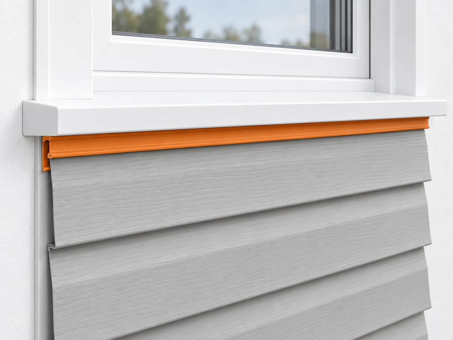 Top edge of siding beneath a window held by undersill utility trim highlighted orange.
