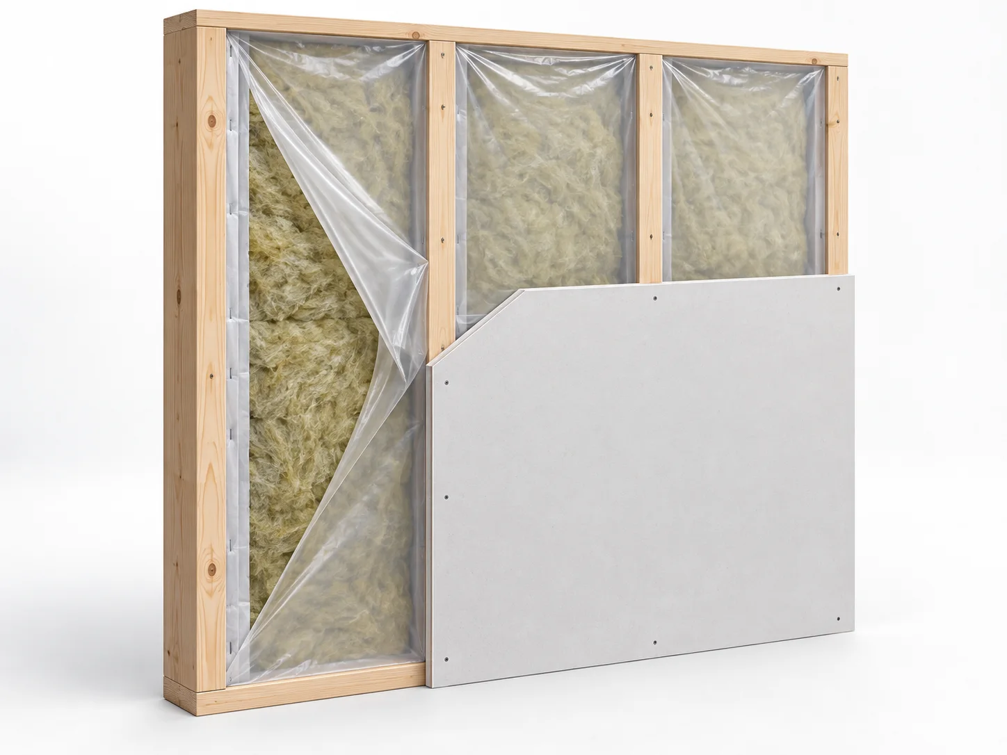 Translucent interior vapour-control sheet over insulated wall studs, with drywall offset in front.
