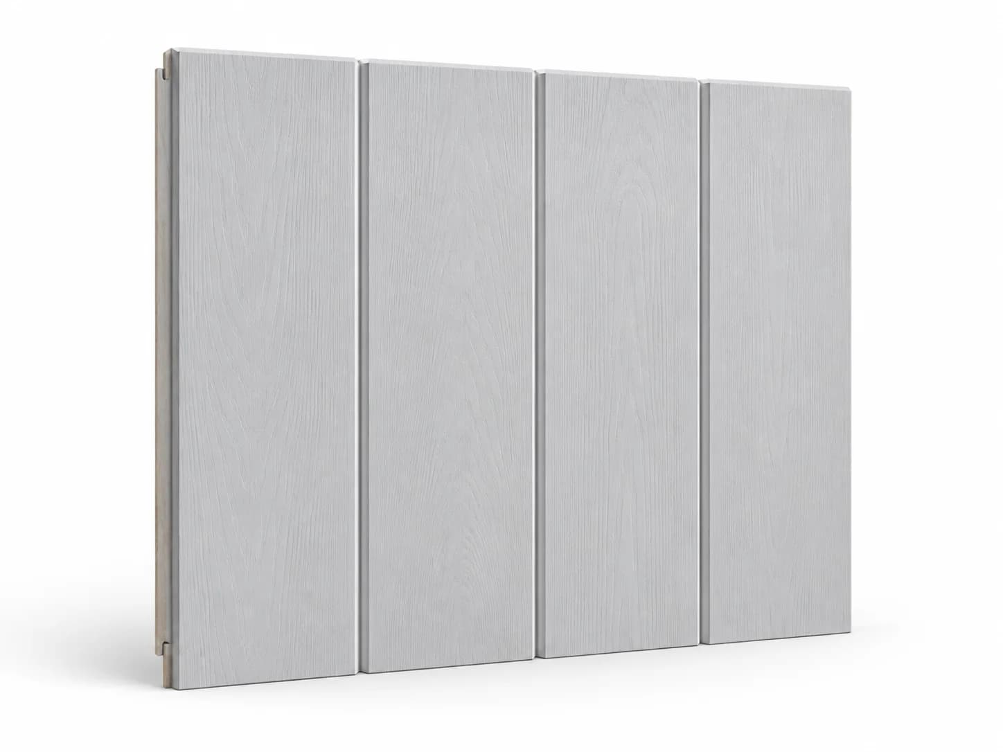 Pale-grey vertical siding boards with narrow recessed joints and no raised battens.