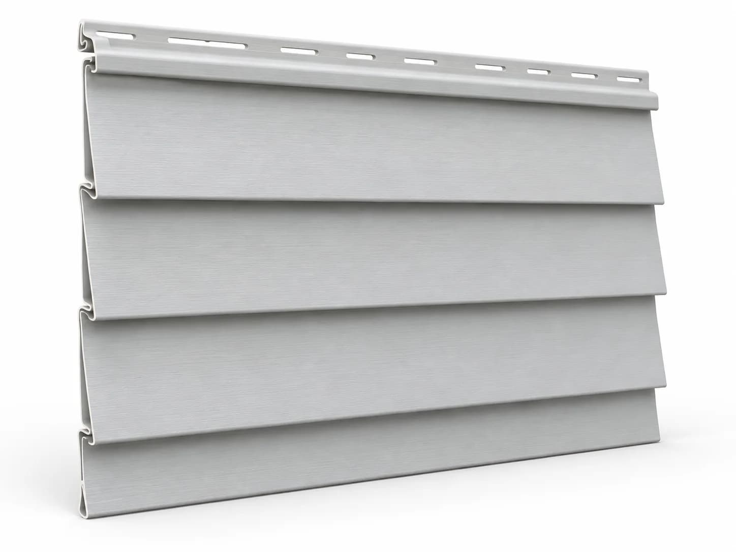Pale-grey vinyl lap siding sample showing thin overlapping horizontal courses.