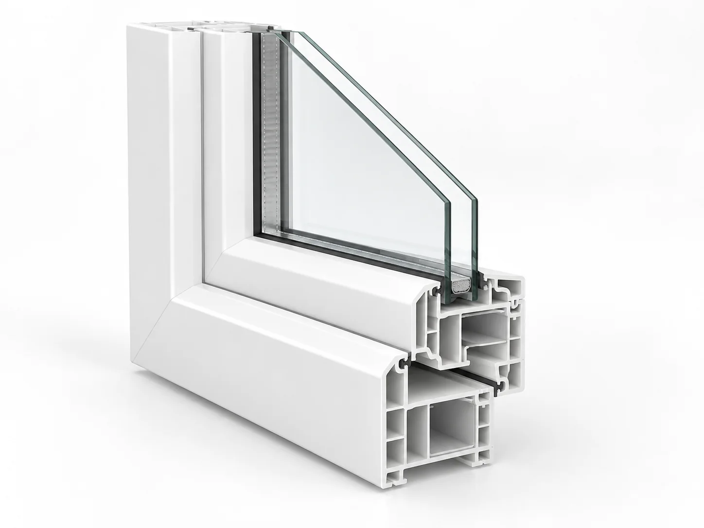 White PVC window profile cutaway exposing its hollow internal chambers.