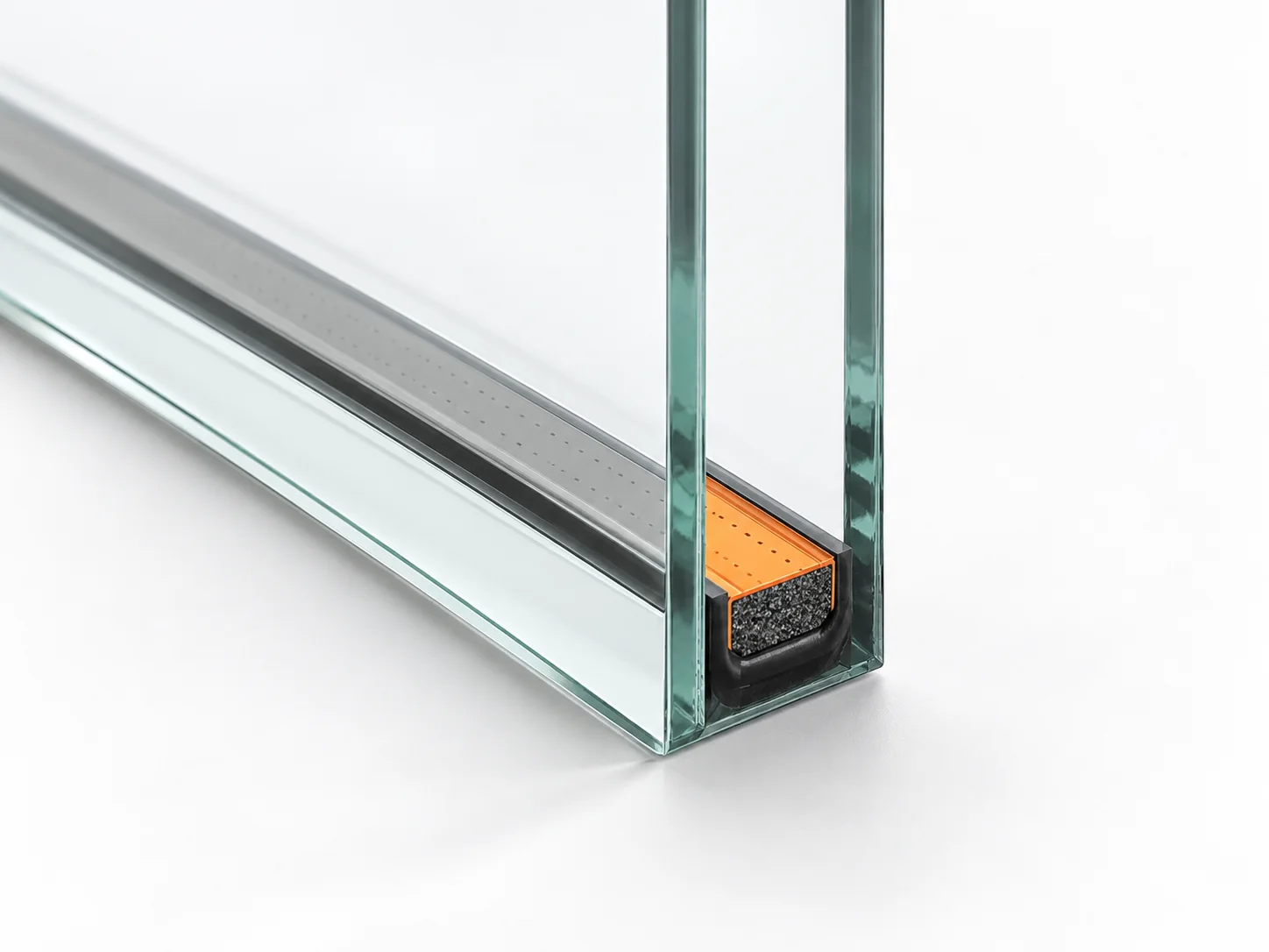 Double-glazing corner with a short section of the spacer between the panes highlighted orange.