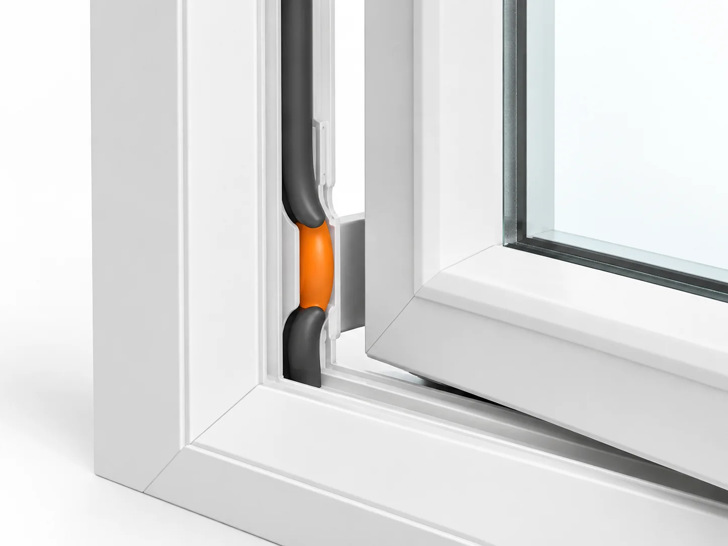 Close-up of a window seal with a short length of flexible weatherstripping highlighted orange.