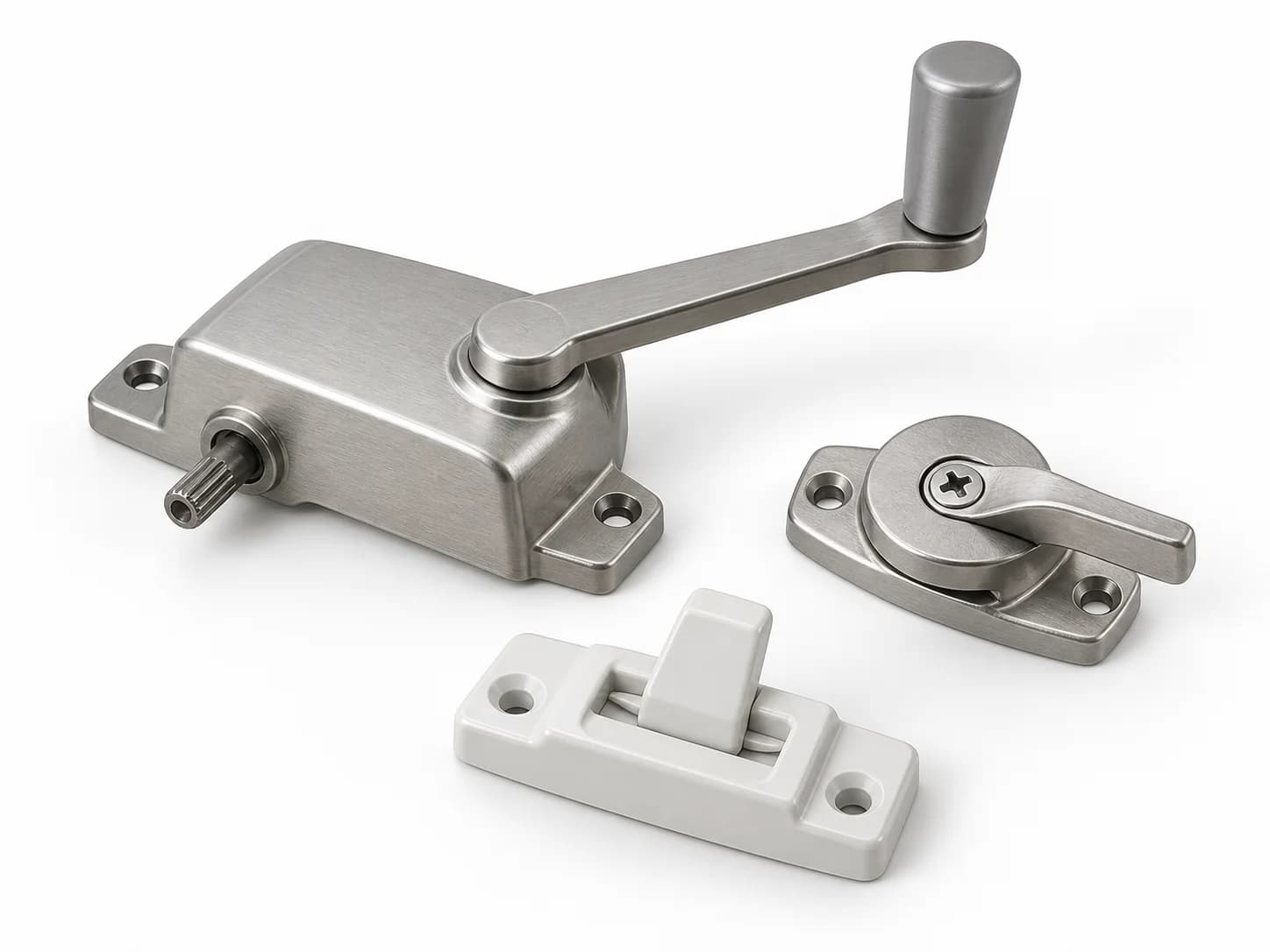 Group of window hardware components including a crank operator, sash lock, and tilt latch.
