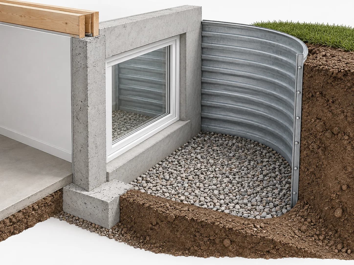Basement window opening into a gravel-bottom well retained by a curved metal wall.