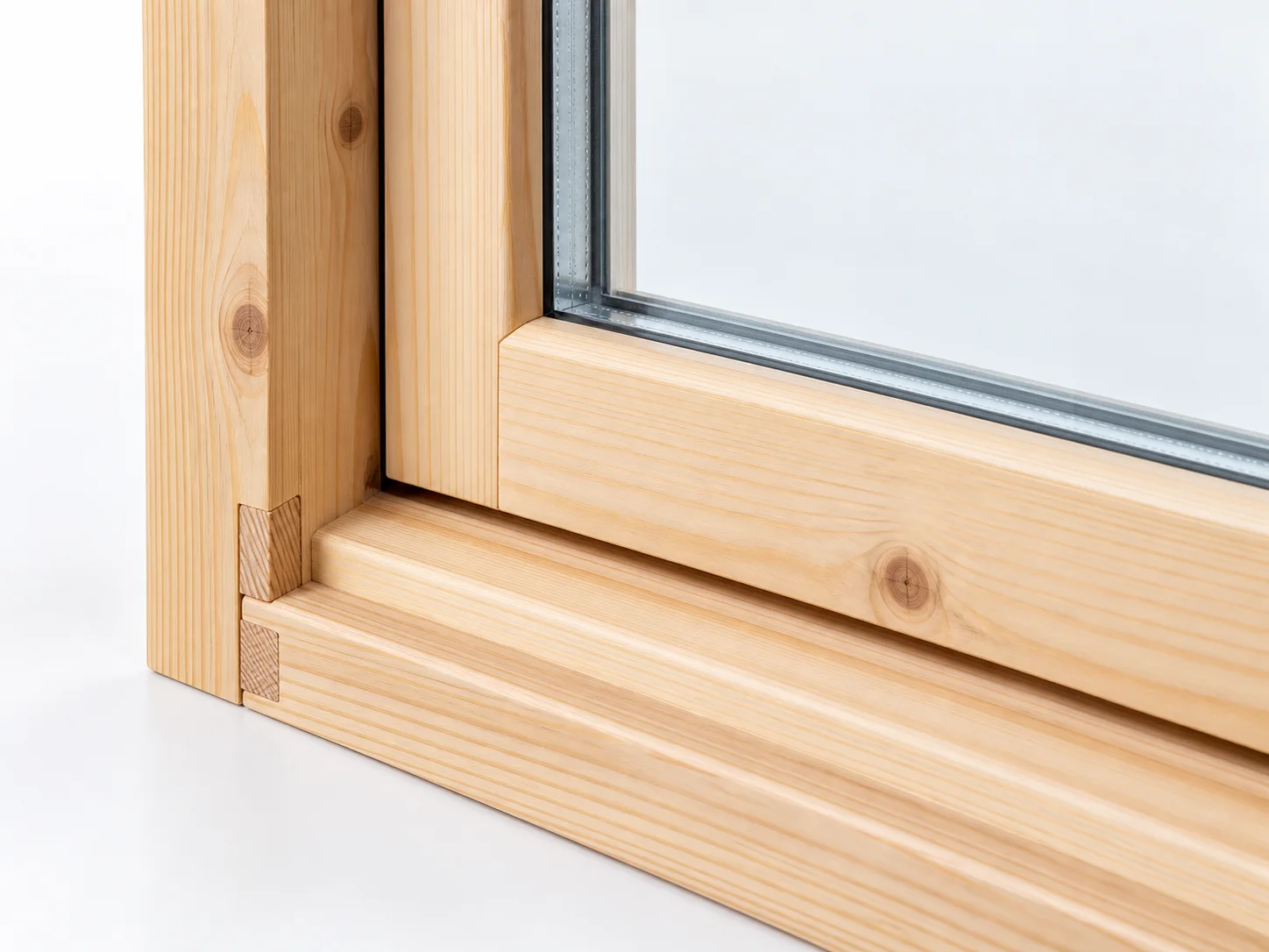 Natural wood window-frame corner showing solid timber grain, joinery, and the adjacent sash.