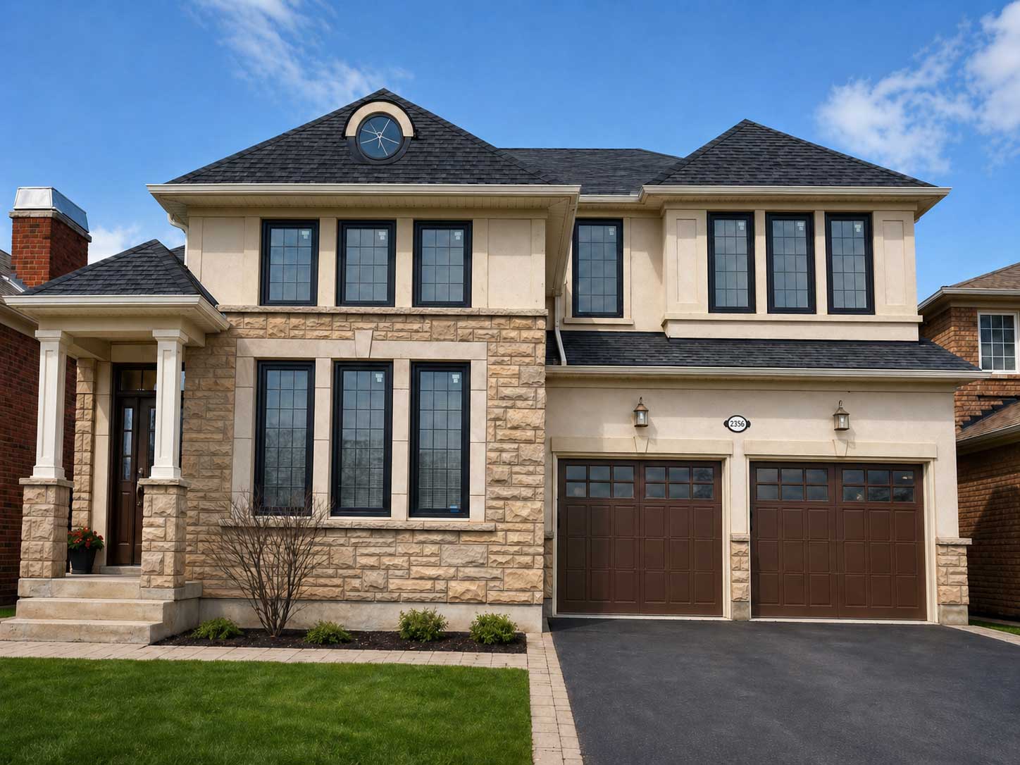 Completed whole-house window replacement, showing the front elevation.
